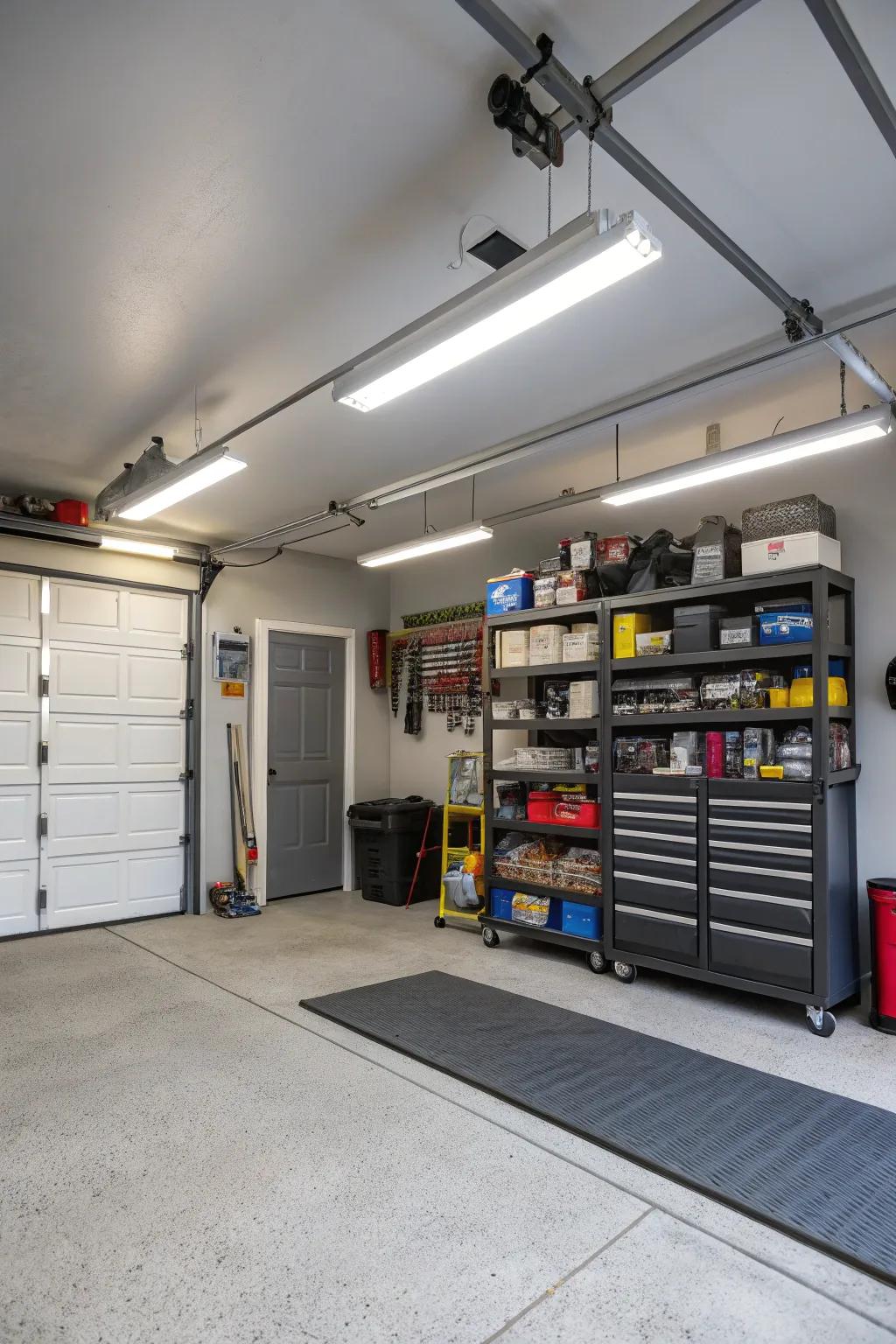 Bright and practical garage equipped with industrial LED lighting