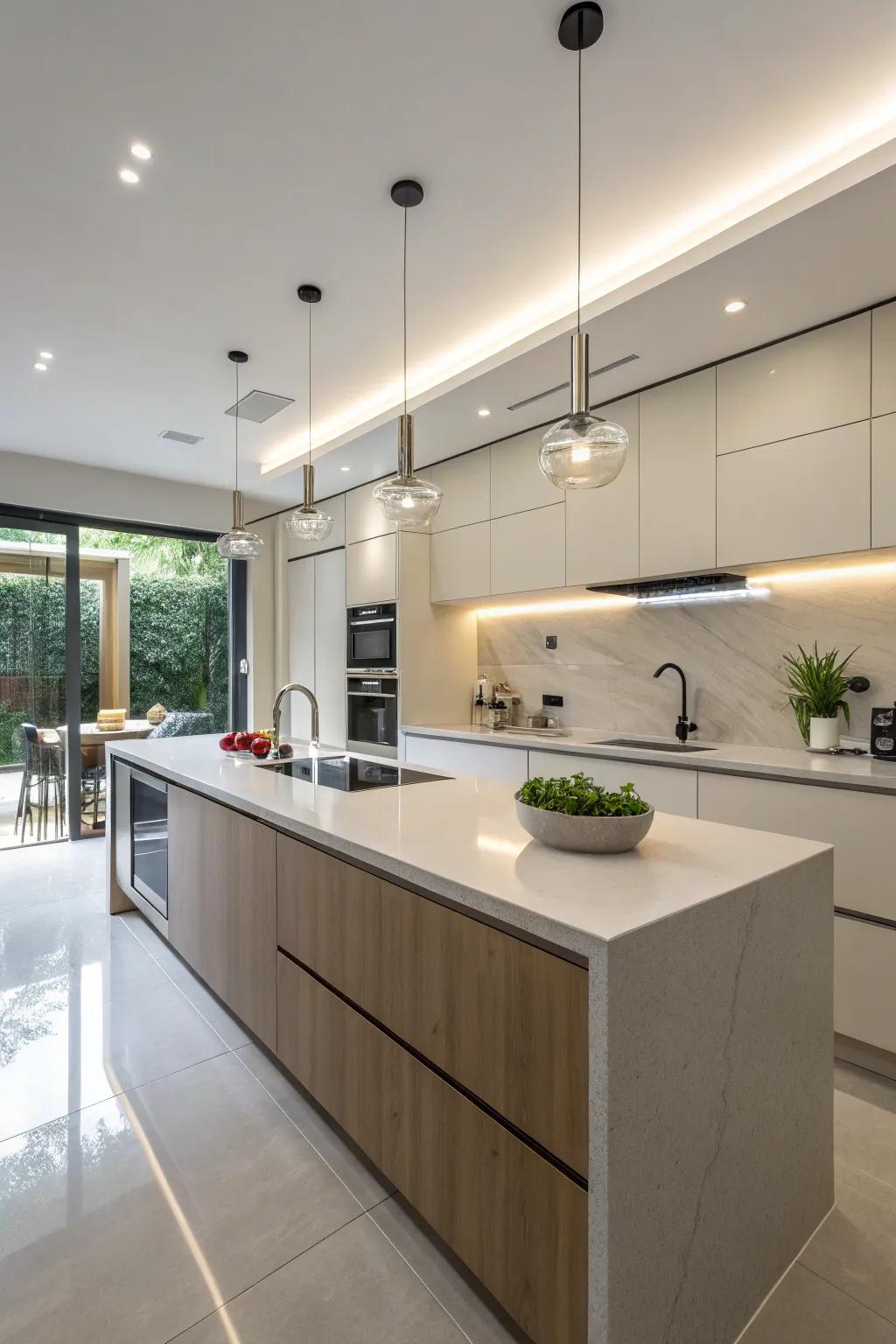 Synthetic stone worktops provide a neat and modern feel, perfect for streamlined designs.