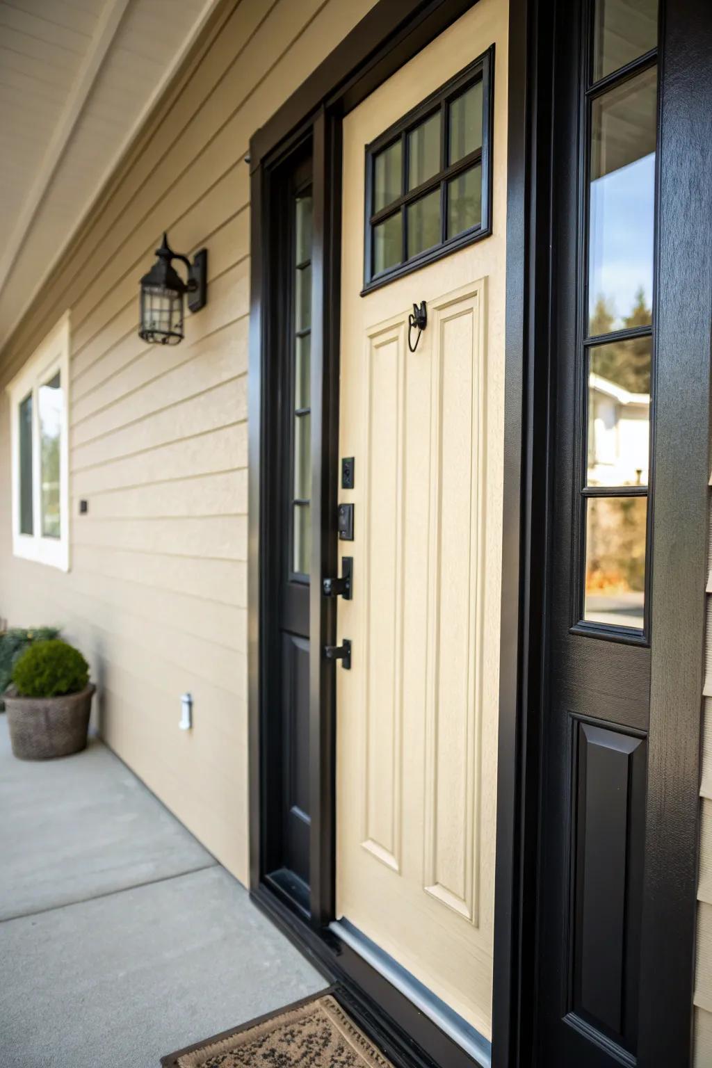 Dark trim creates a striking contrast for this recessed doorway.