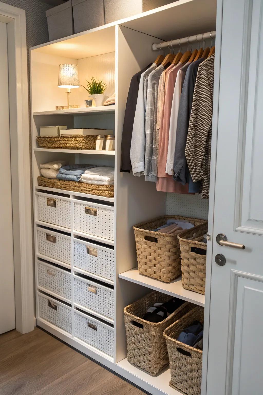 Simplify your closet organization with convenient pull-out baskets.