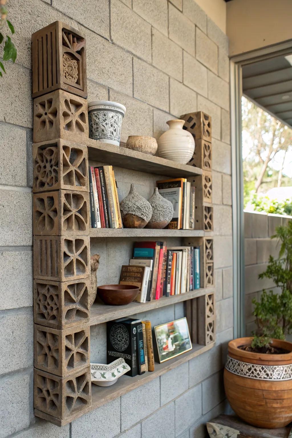 Showcase shelves against a concrete block wall create an elegant display.