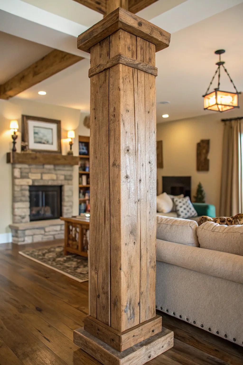 Salvaged wood columns add country charm.