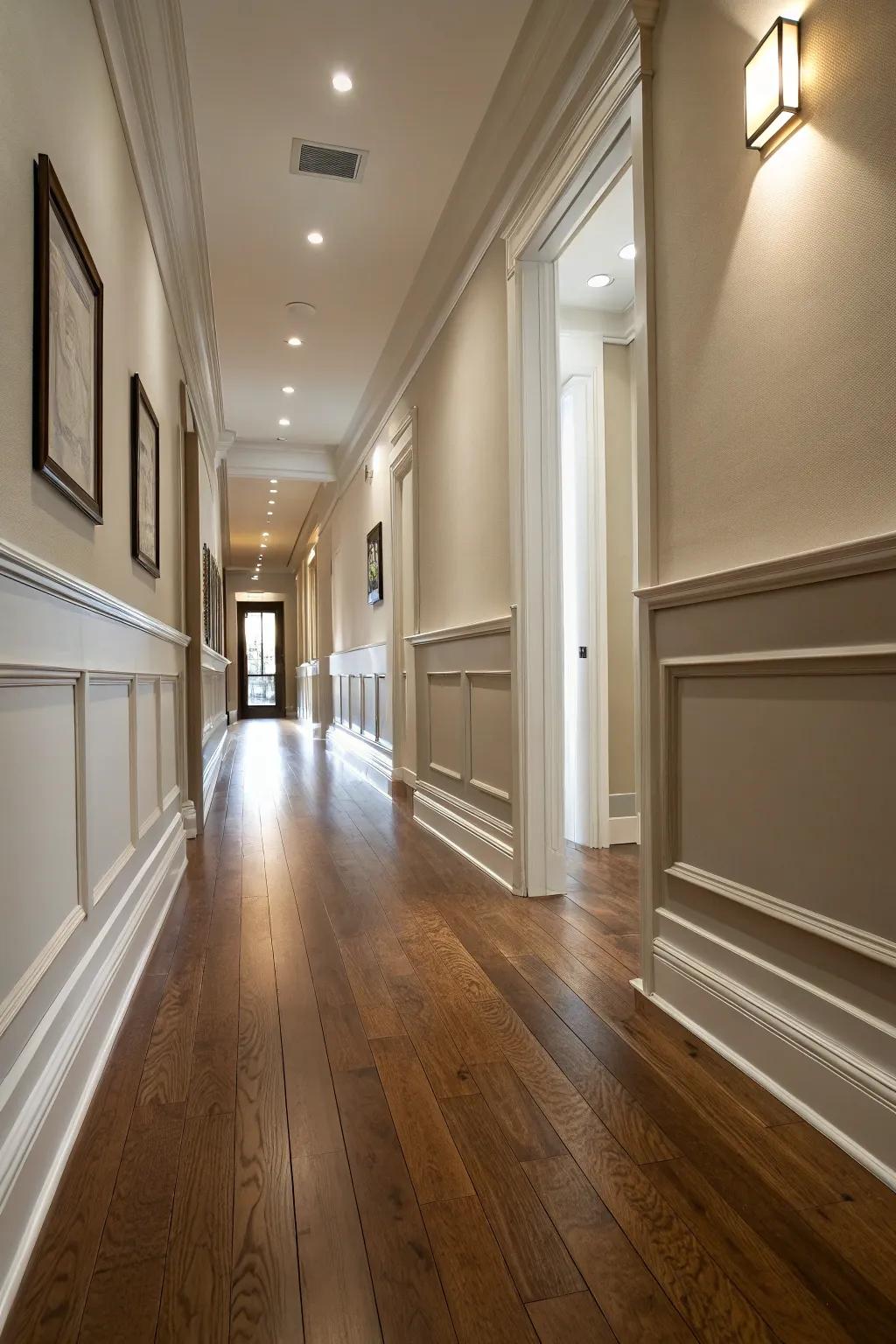 Sleek baseboards enhancing a hallway’s refined appearance.