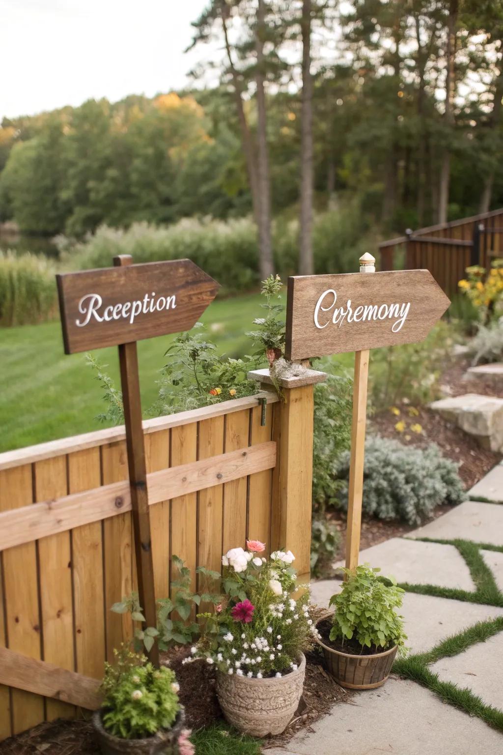 Personalized signage contributes a distinctive element to a backyard wedding.