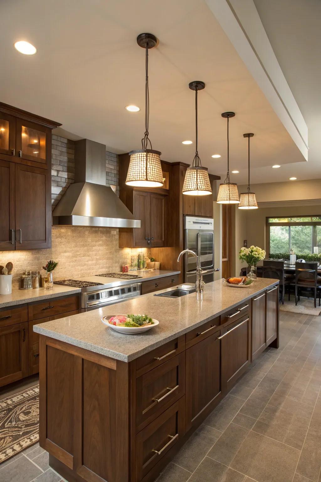 Pendant lamps enrich your kitchen island with charm and function.