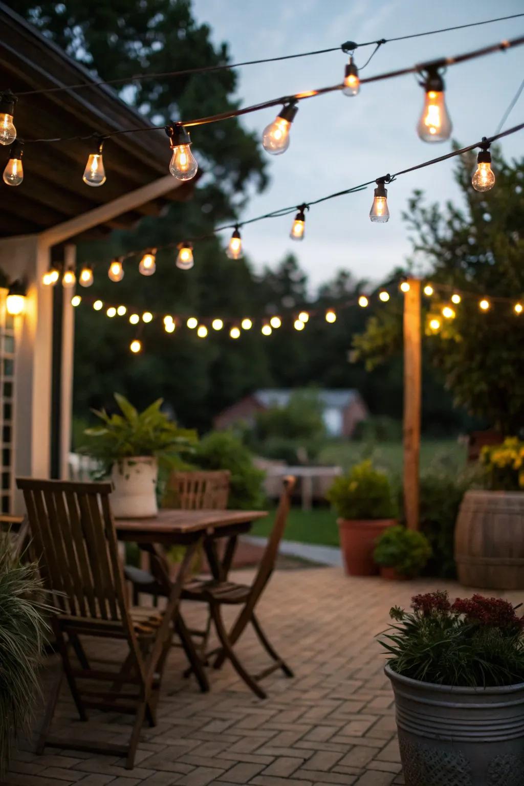 Fairy lights create a comfortable and inviting ambiance on an Italian patio.