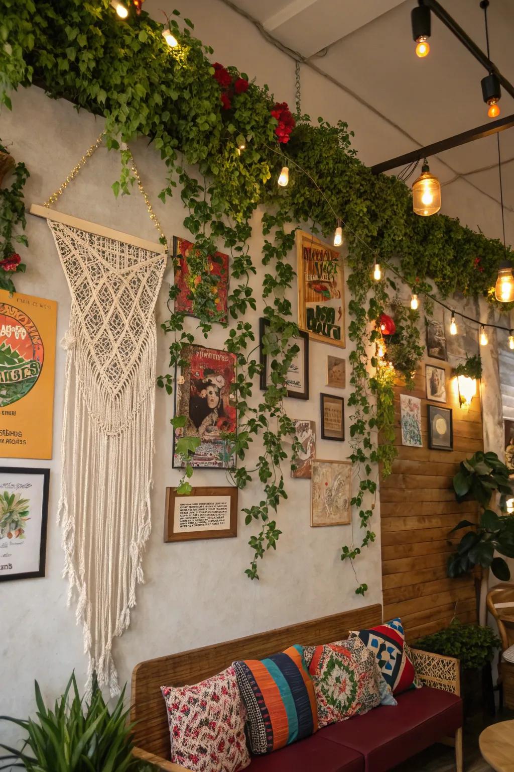 A bohemian ivy wall with eclectic decorations creating an artistic and cozy vibe.