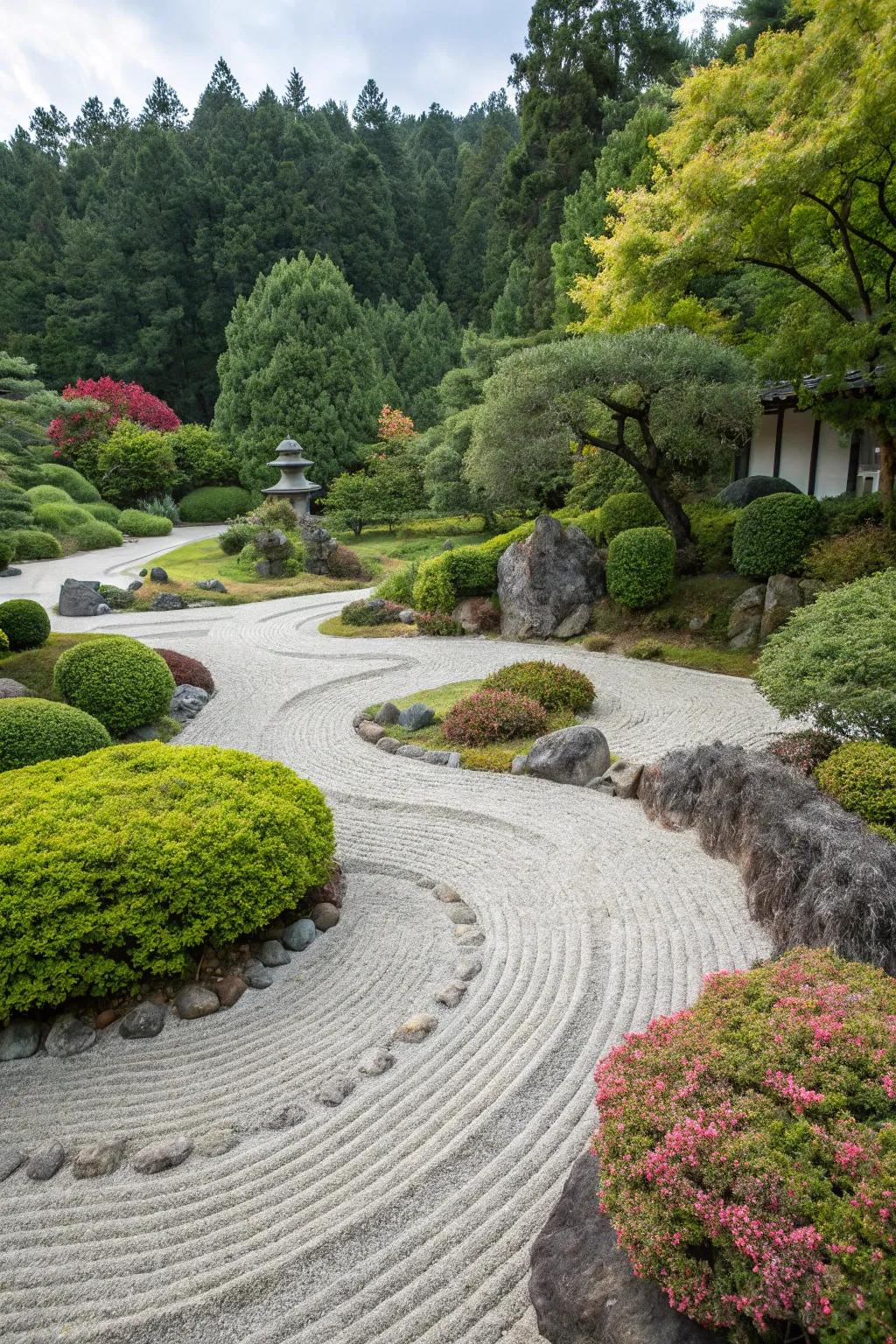 A serene Zen garden featuring precisely patterned gravel.