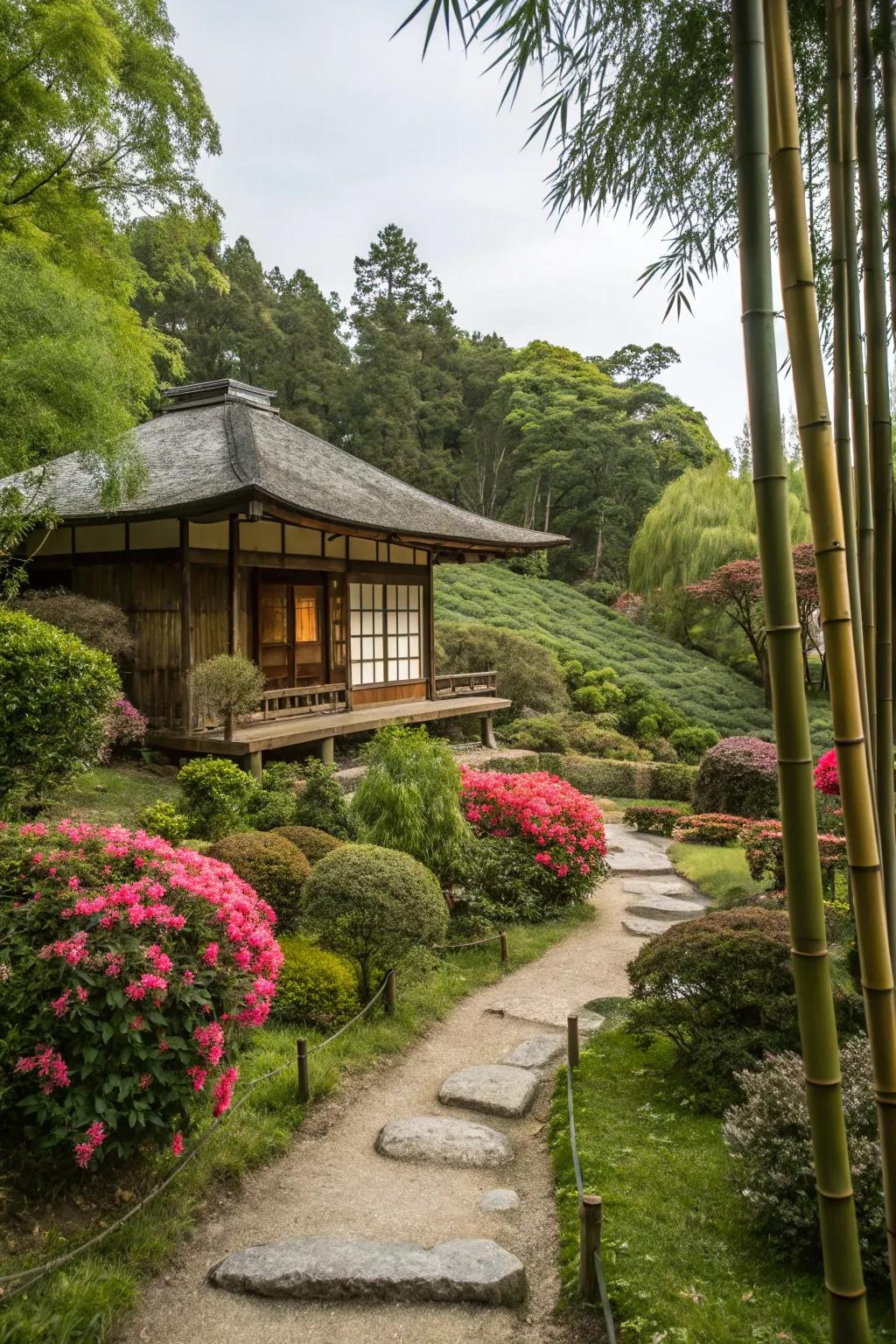 A classic pavilion surrounded by greenery in a Japanese garden.