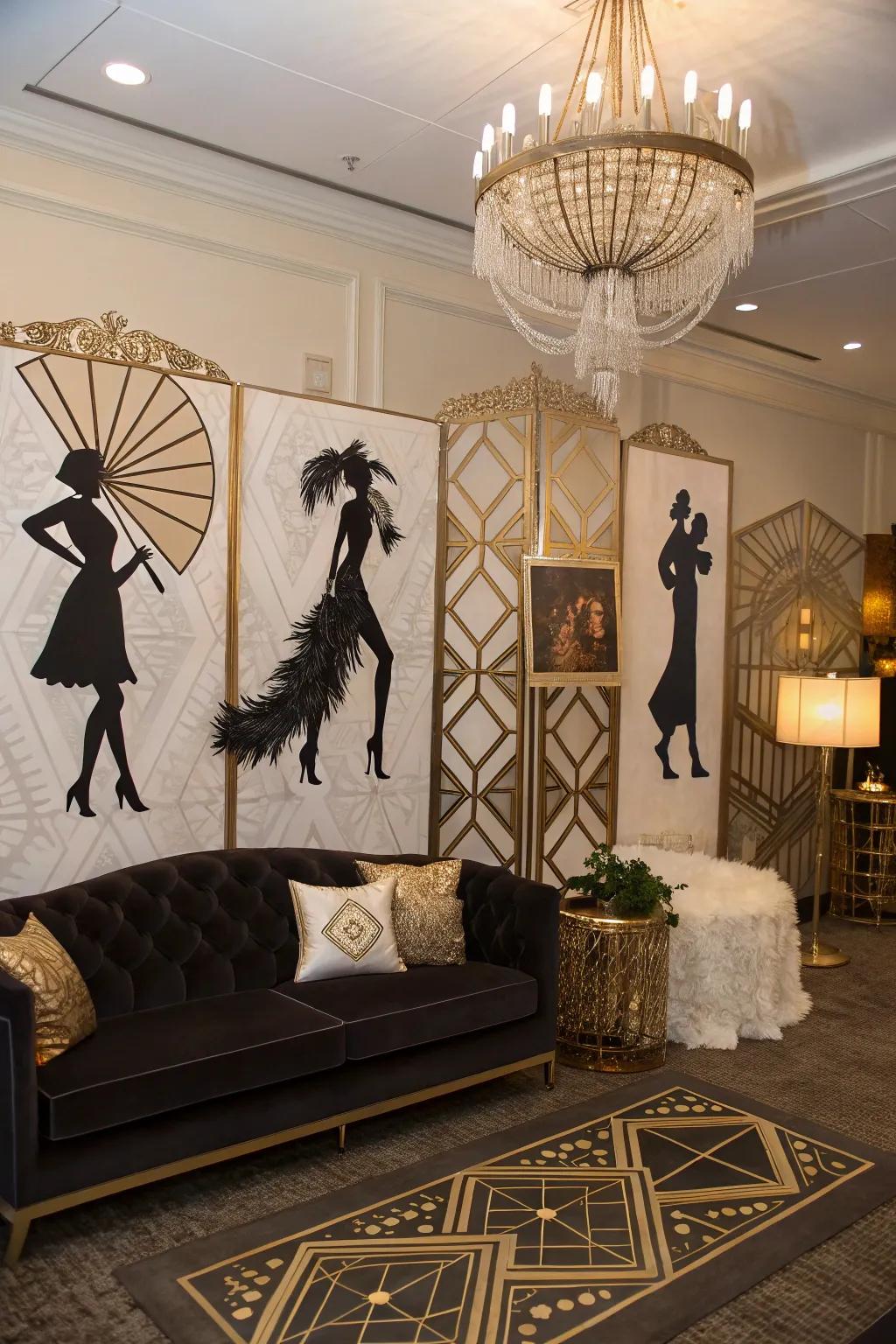 Flapper thematics contribute a playful, nostalgic sensation.