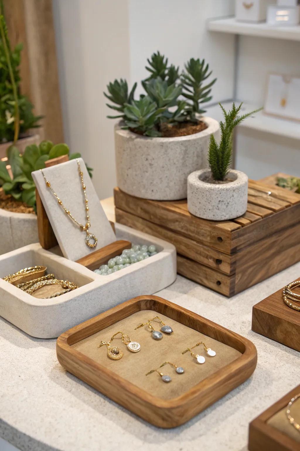 Natural elements bring warmth to jewelry showcases.