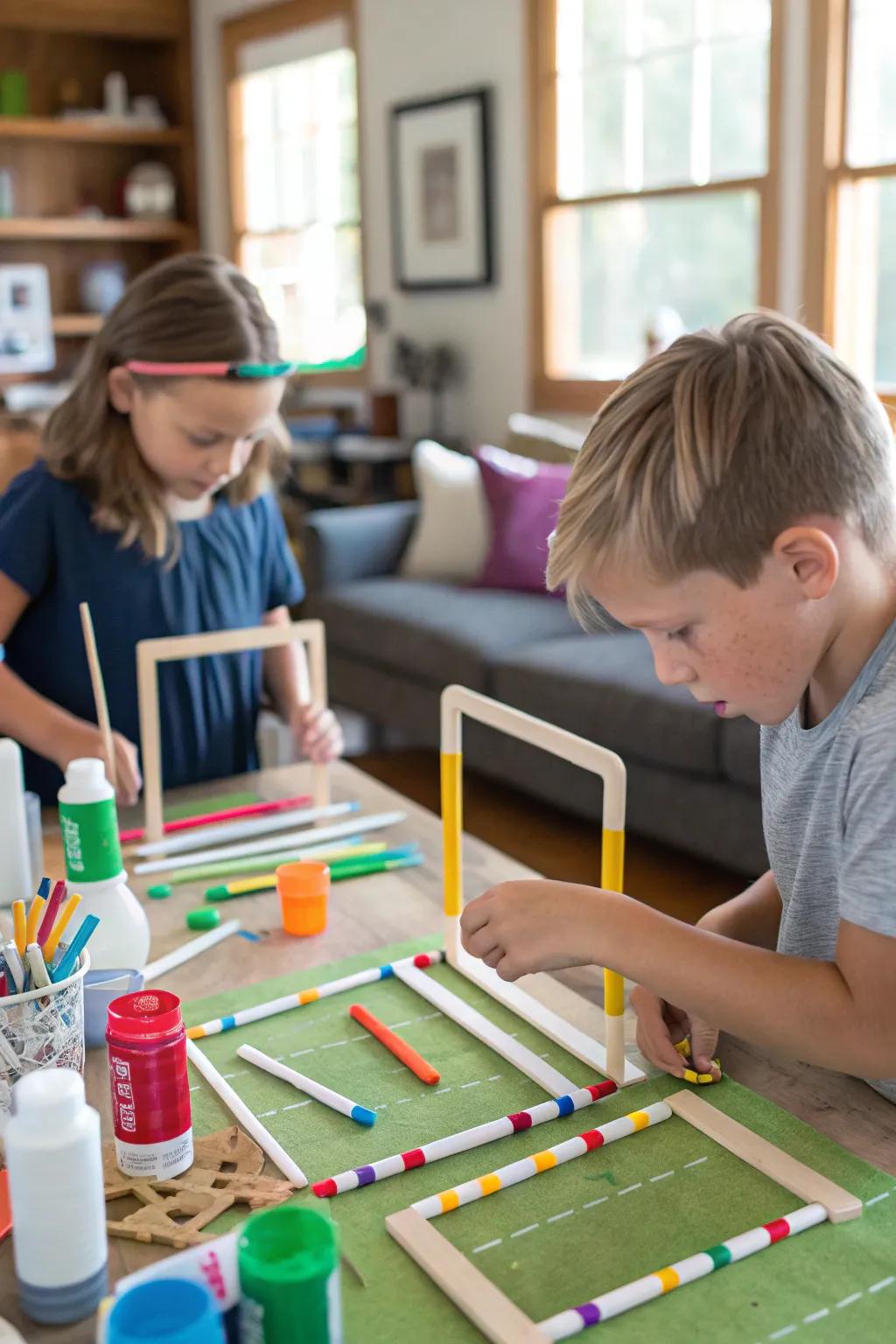 Kids making miniature target frameworks as a celebration activity.