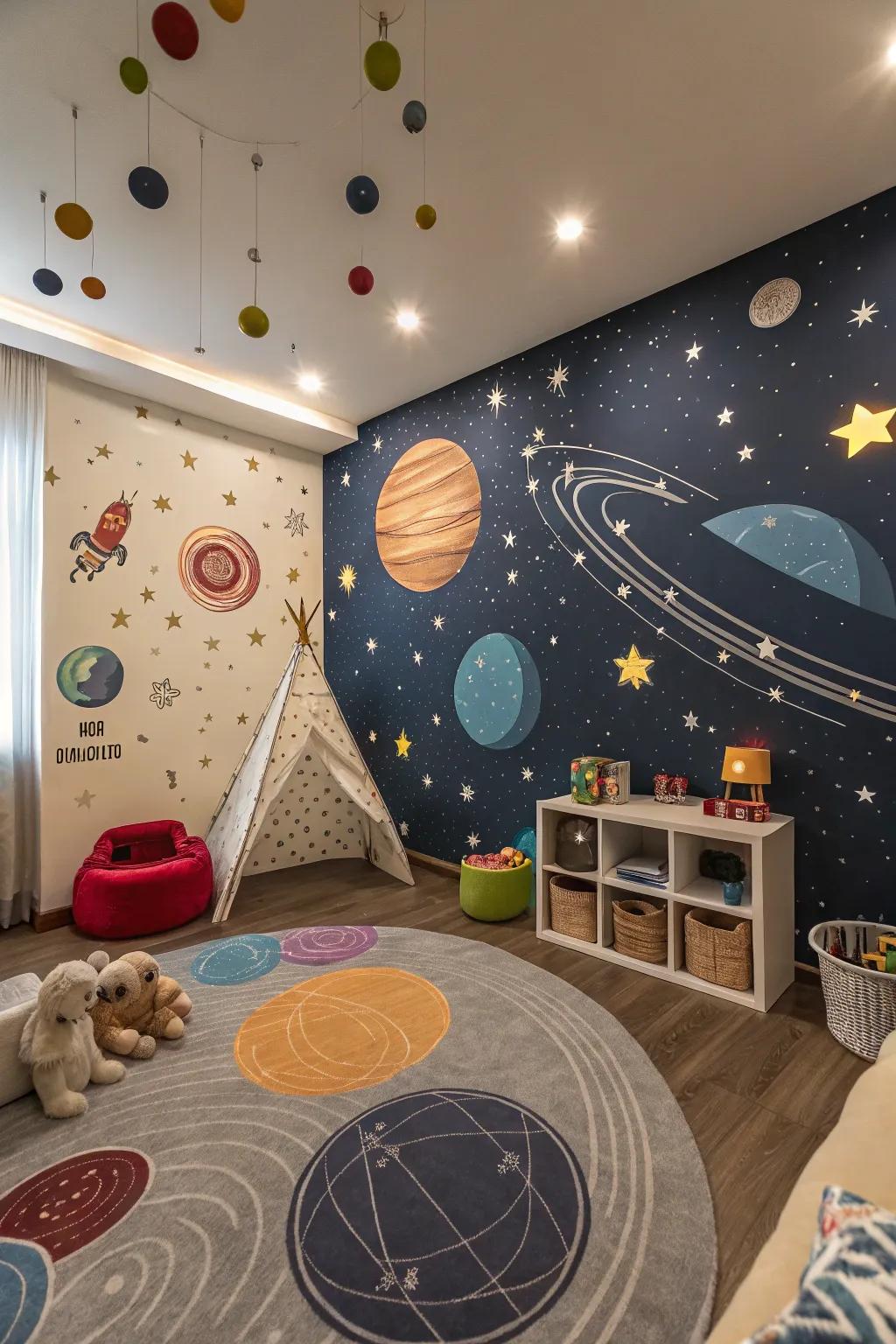 A playroom that takes you on a space voyage with its cosmic-themed wall covering.