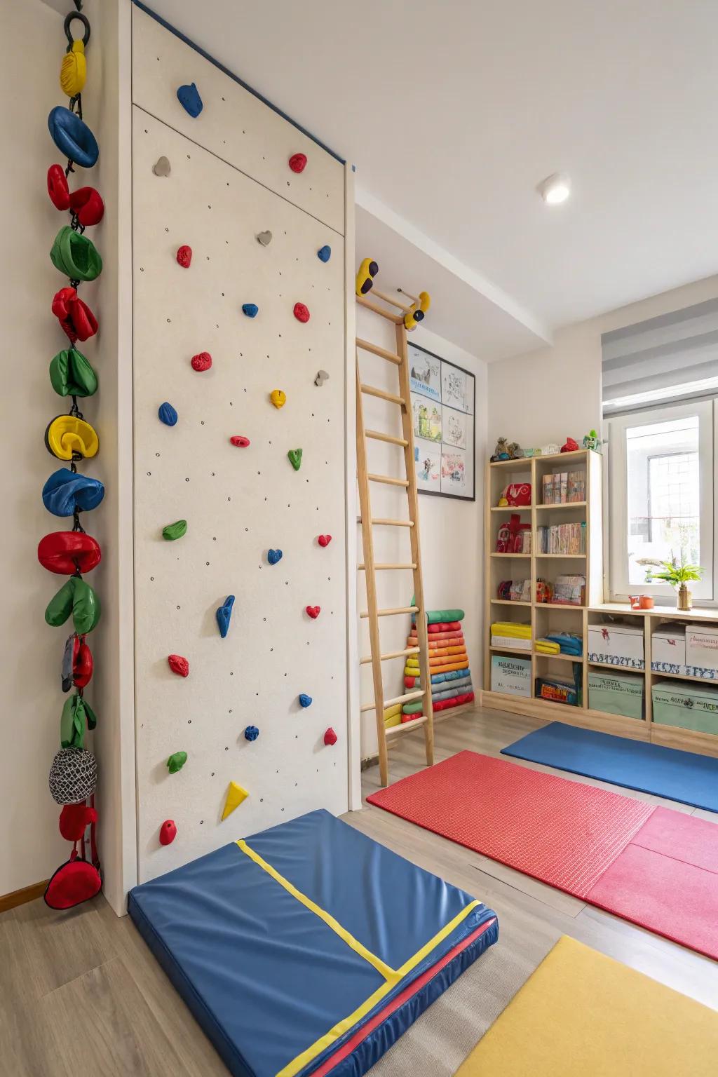 Indoor rock walls provide both recreation and physical activity in a kid's room.