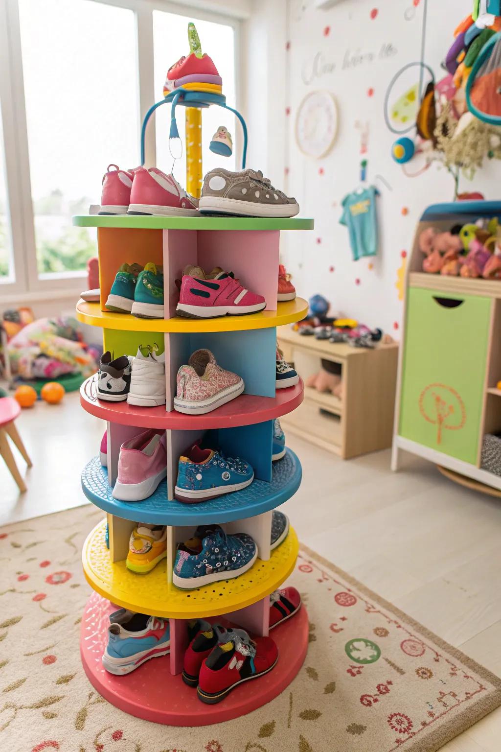 Make shoe storage fun with a rotating tower.