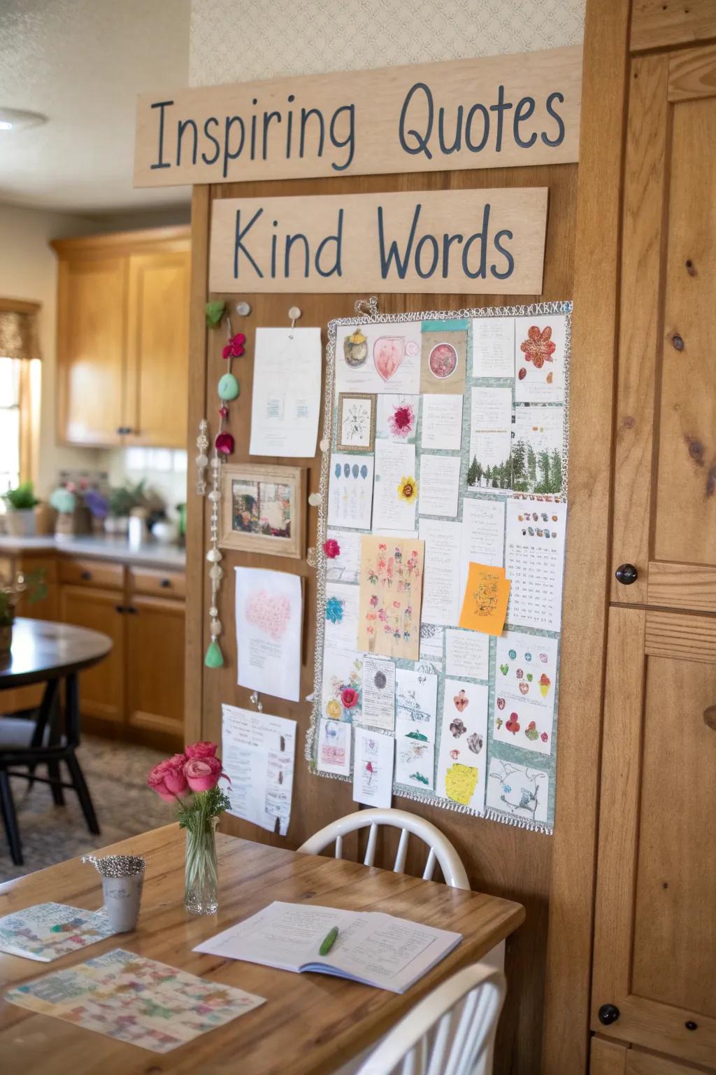 A kitchen highlights a kindness bulletin board featuring inspiring sayings and words of support.
