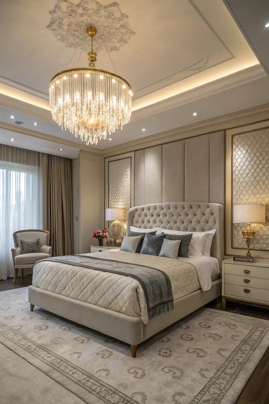 Bold lighting introduces drama and elegance above this king-sized bed.
