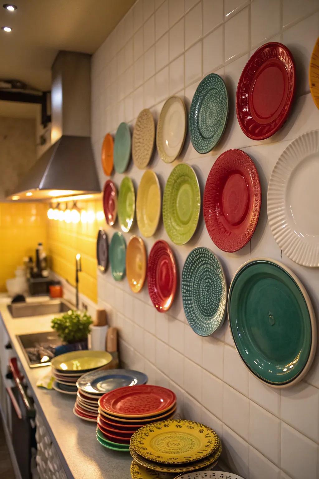 A plate display offers a playful and colorful accent to your kitchen.