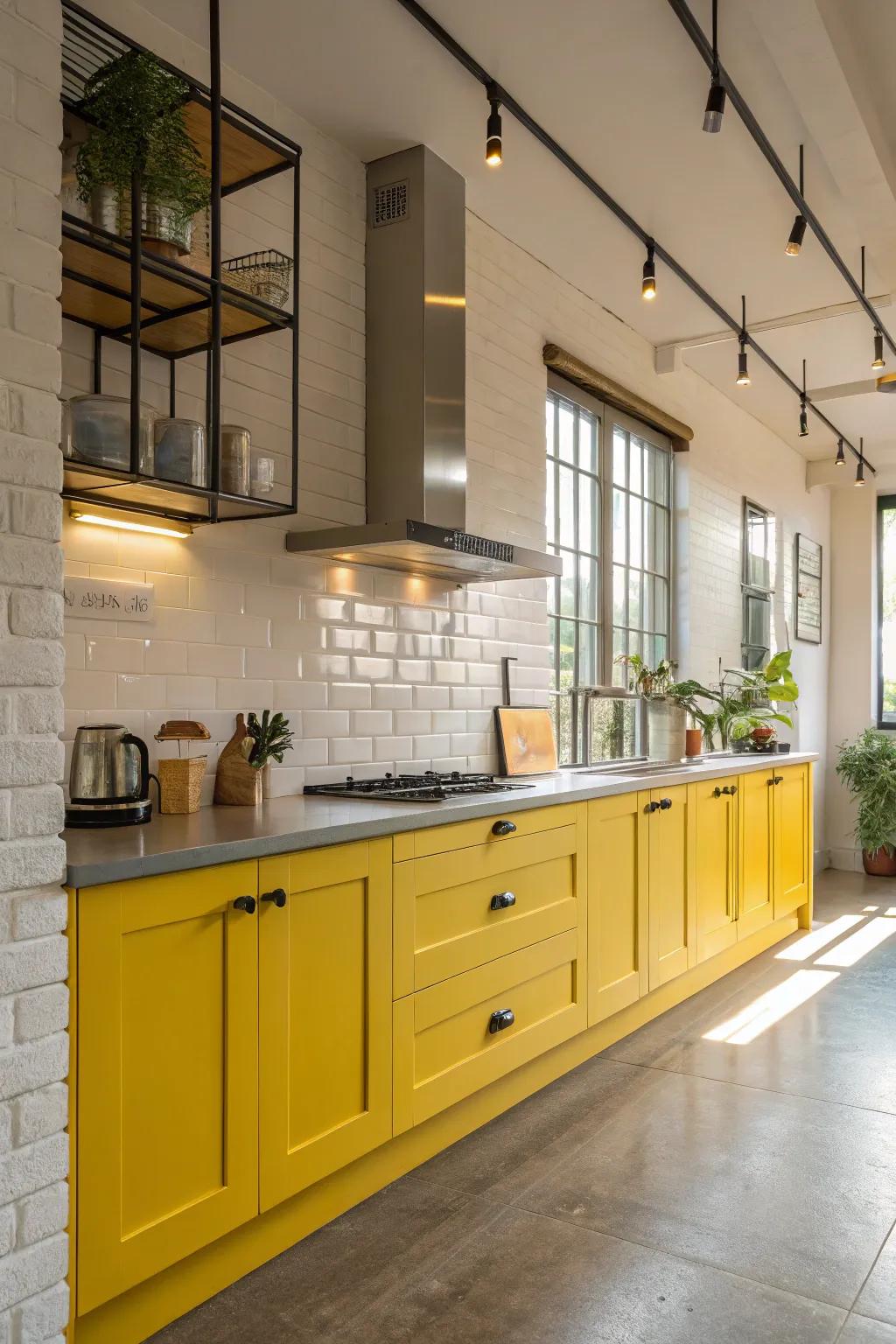 Yellow cabinets brighten the kitchen with a modern flair.