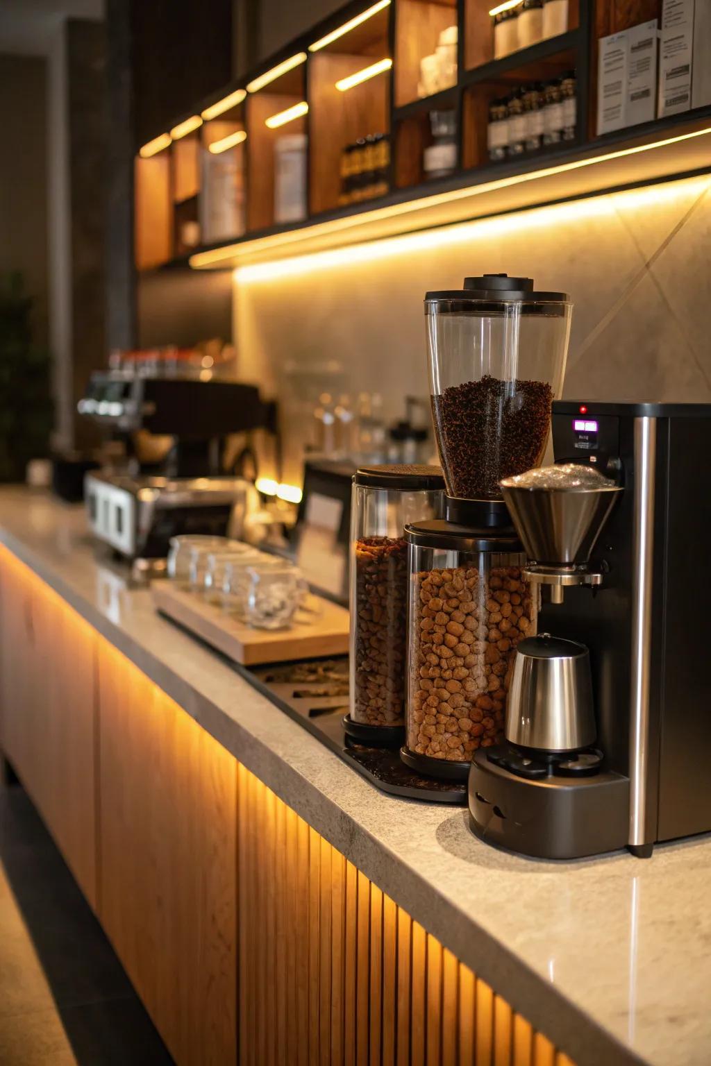 Warm lighting enhances the appeal of a kitchen coffee station.