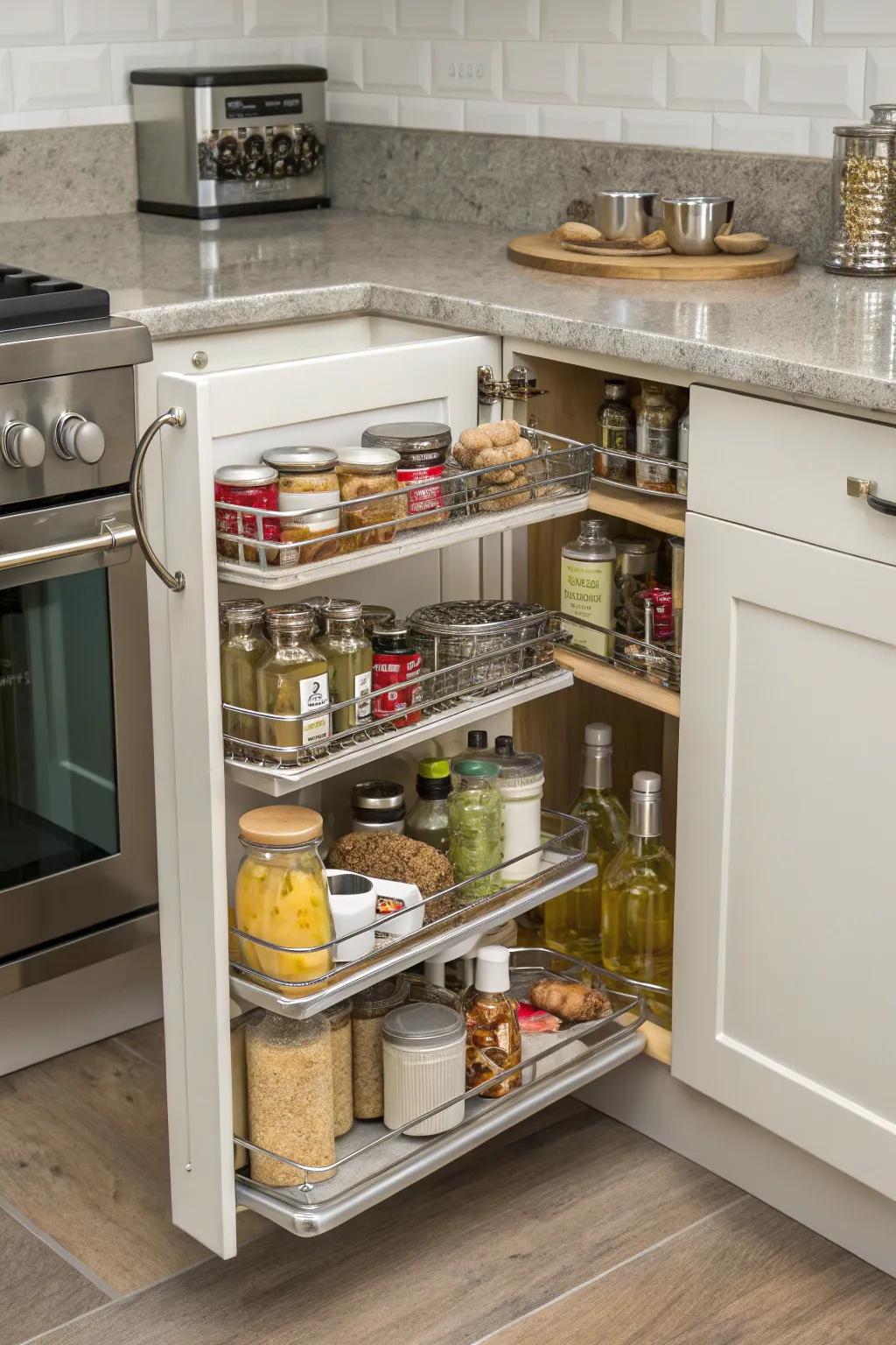 Rotating pull-outs provide easy access to deep corner cabinets.