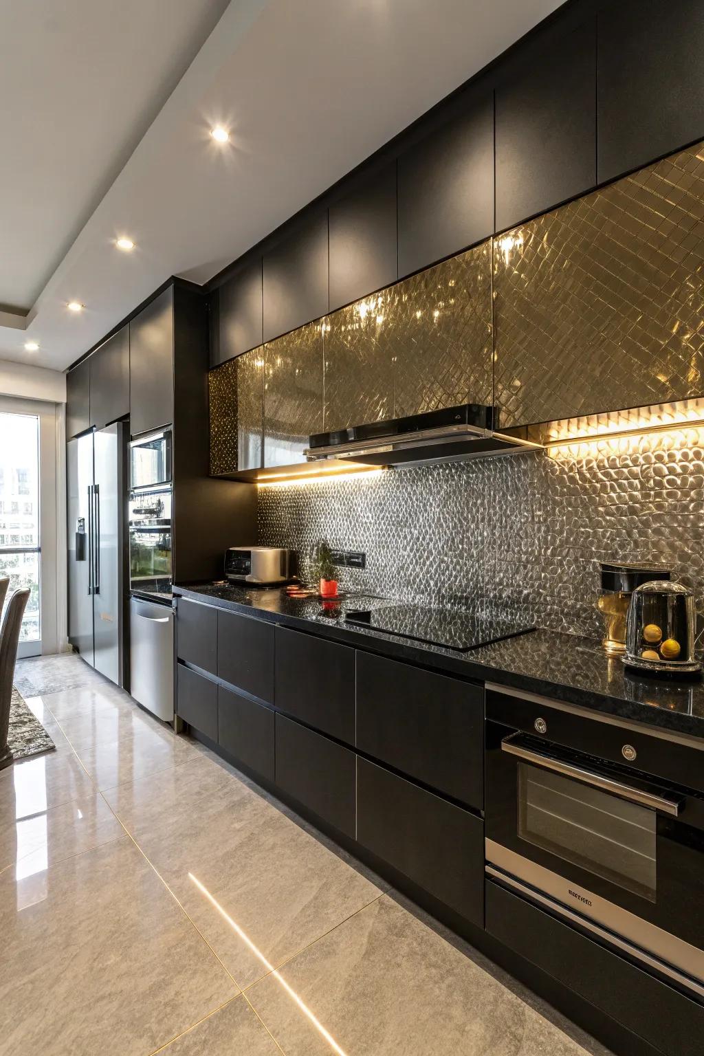 Bold sophistication with black and metallic contrasts.