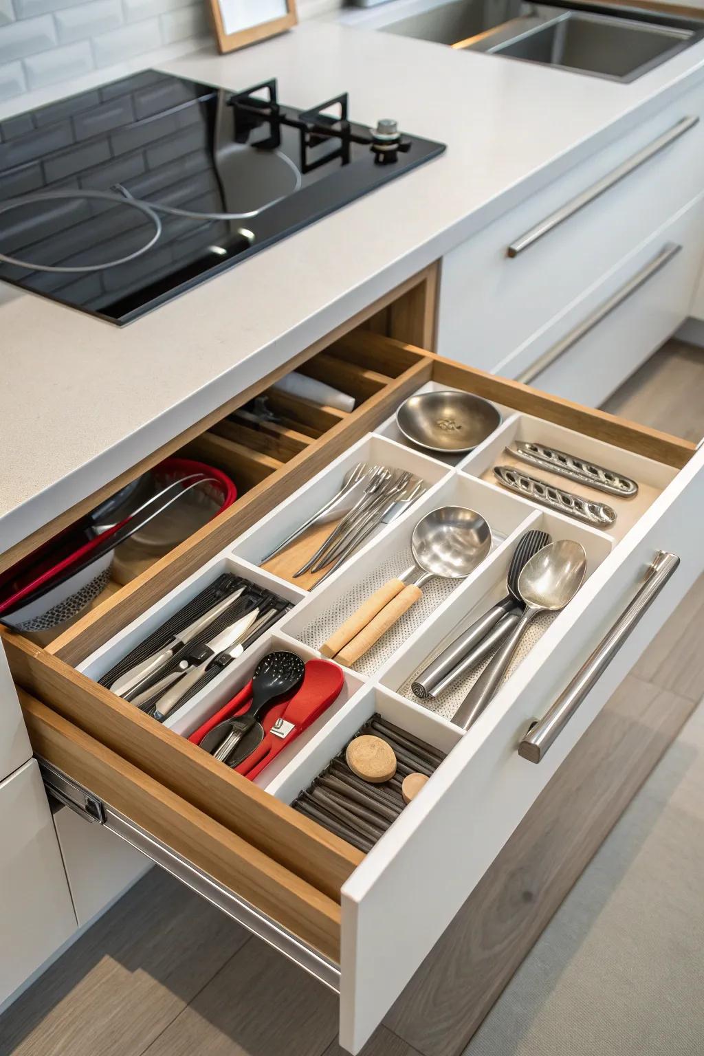 Maximize your storage with multi-tiered drawer inserts for small items.