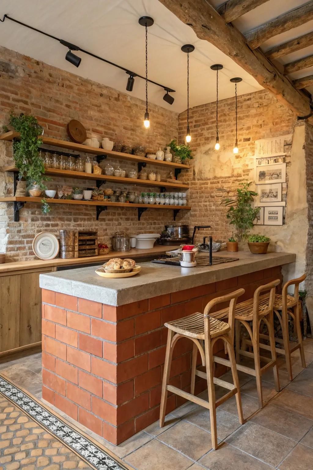 A brick kitchen island contributes countryside charm and warmth to the kitchen environment.