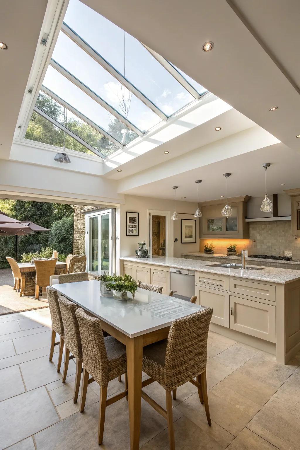 A kitchen island eating table filled with natural light.