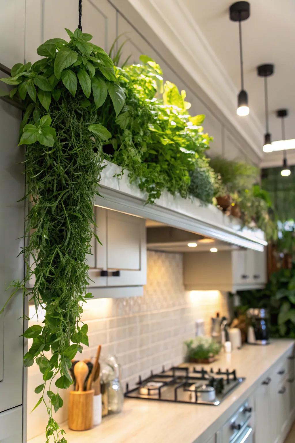 A soffit decorated with greenery, resulting in an energetic kitchen environment.