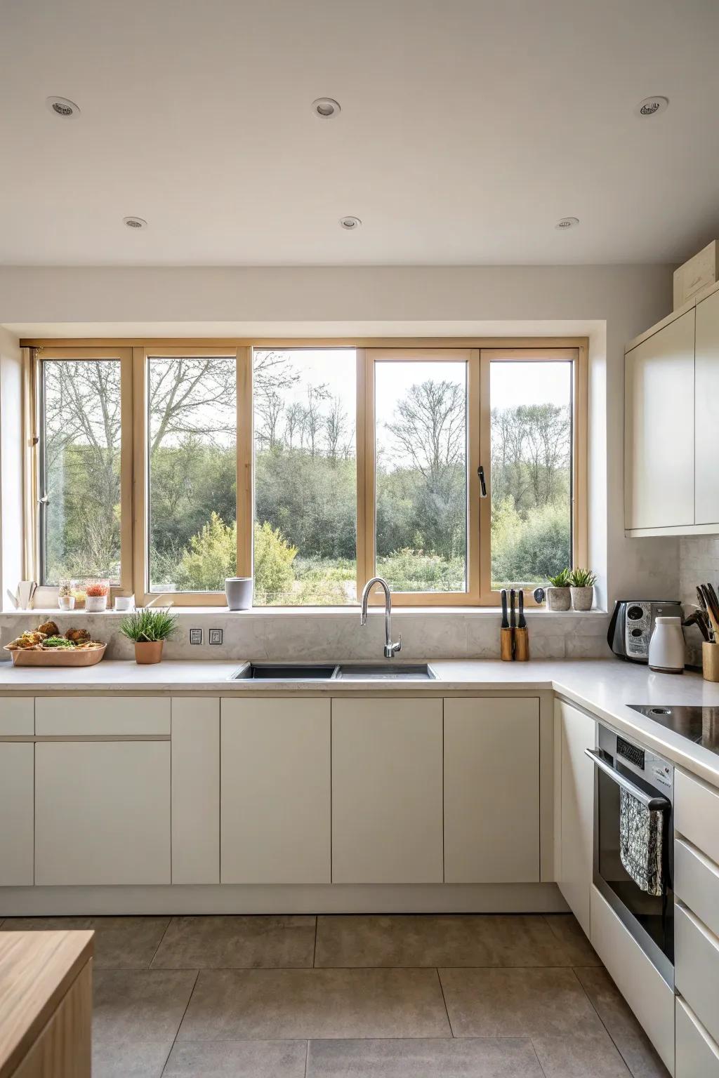 A modern kitchen features flat-panel windows.