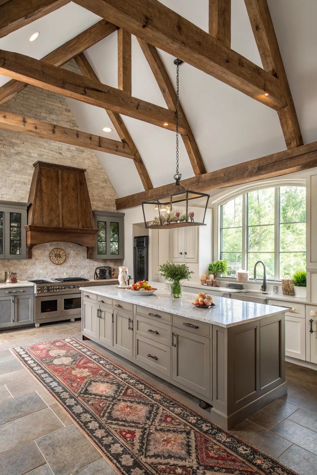 A well-balanced combination of country and modern details in a kitchen with a vaulted ceiling.