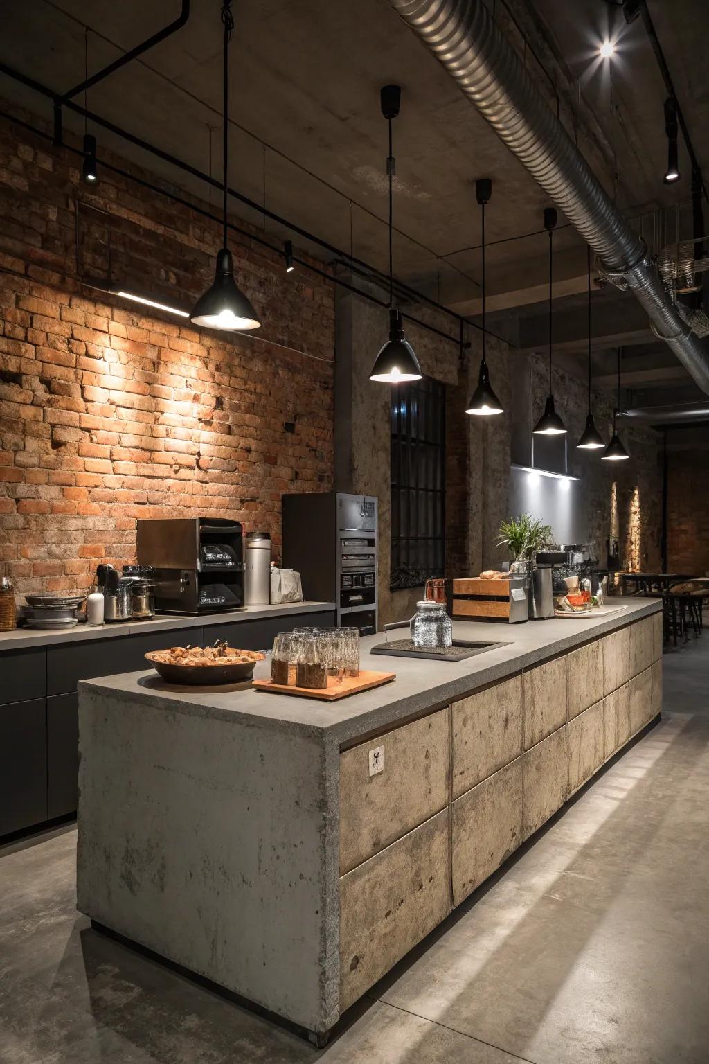 Concrete countertops impart a gritty, urban touch to cooking areas.