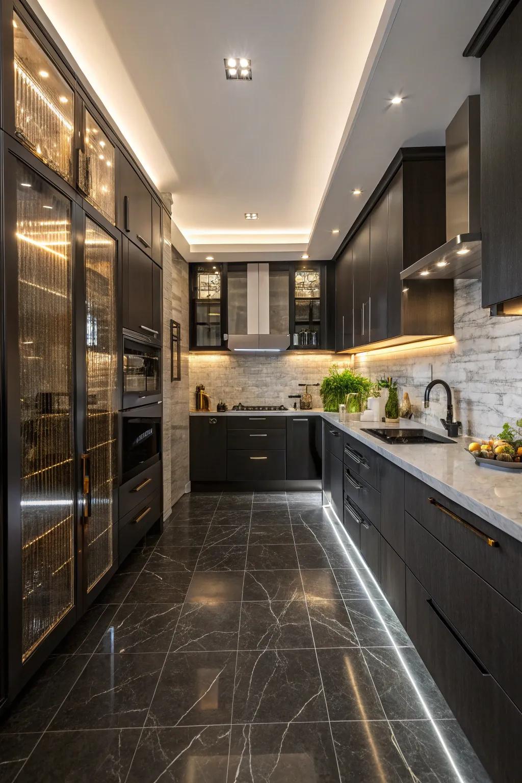 The mix of textures adds depth to this modern kitchen with dark floors.