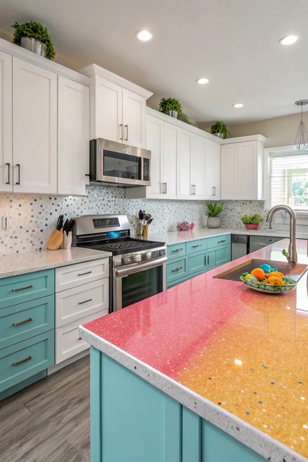 Quartz worktops incorporating a burst of vibrant personality.