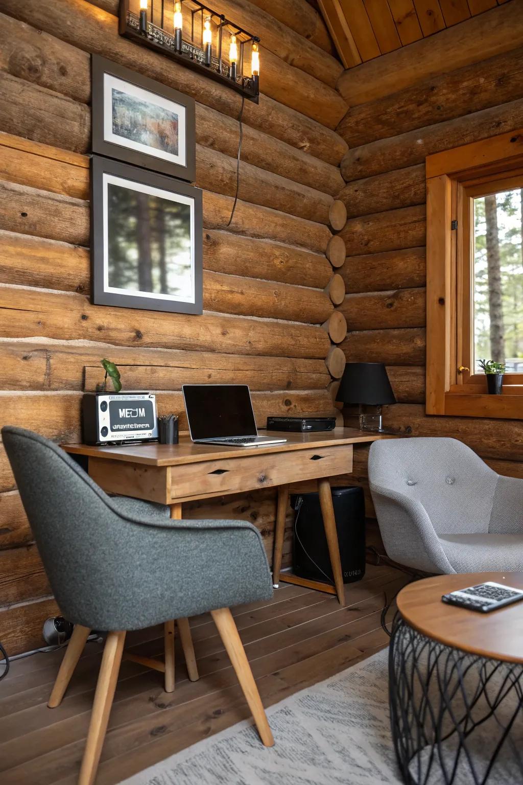 Modern conveniences meet traditional pine paneling.