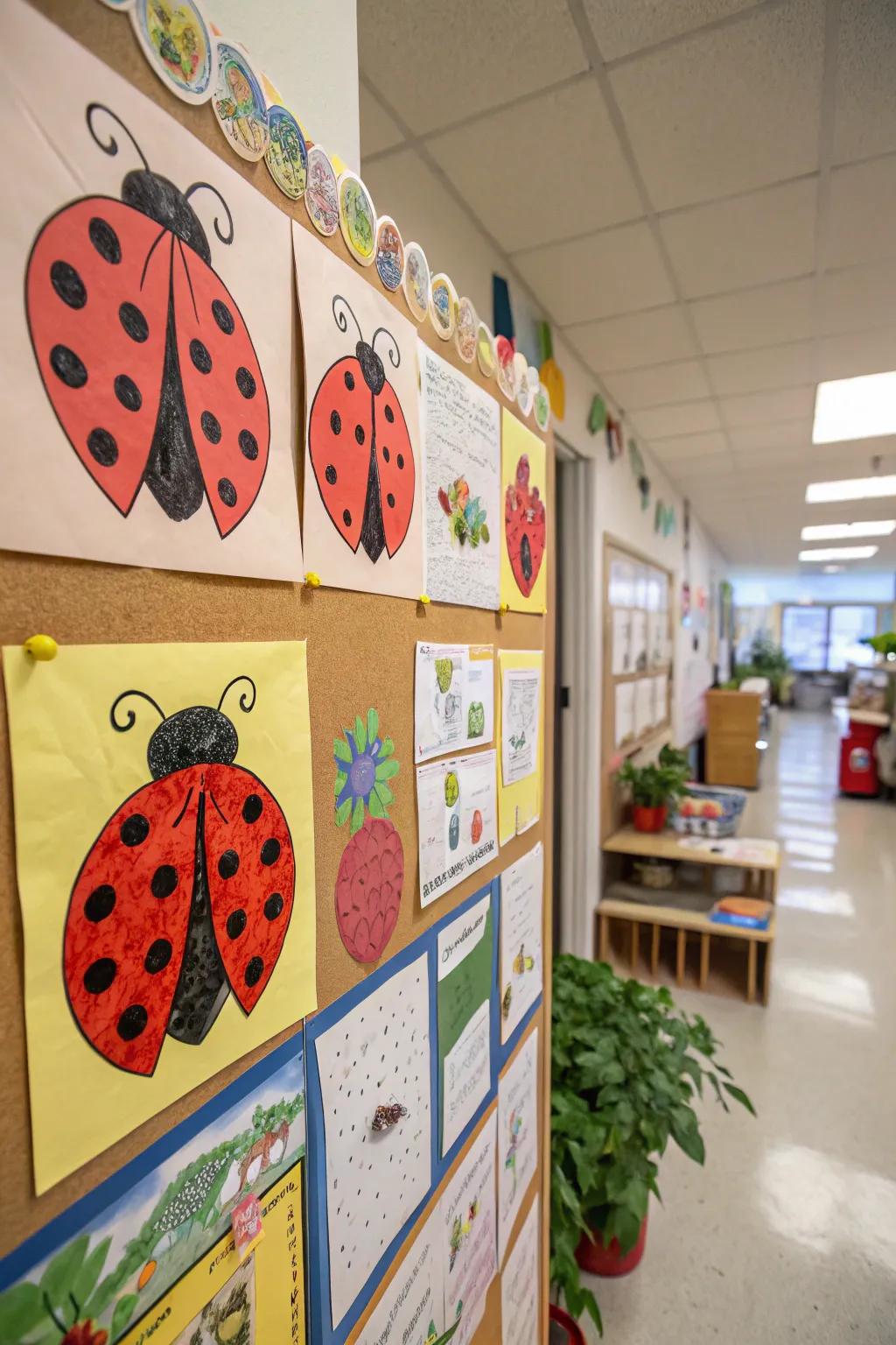 A vibrant ladybug art gallery showcasing students' creativity.