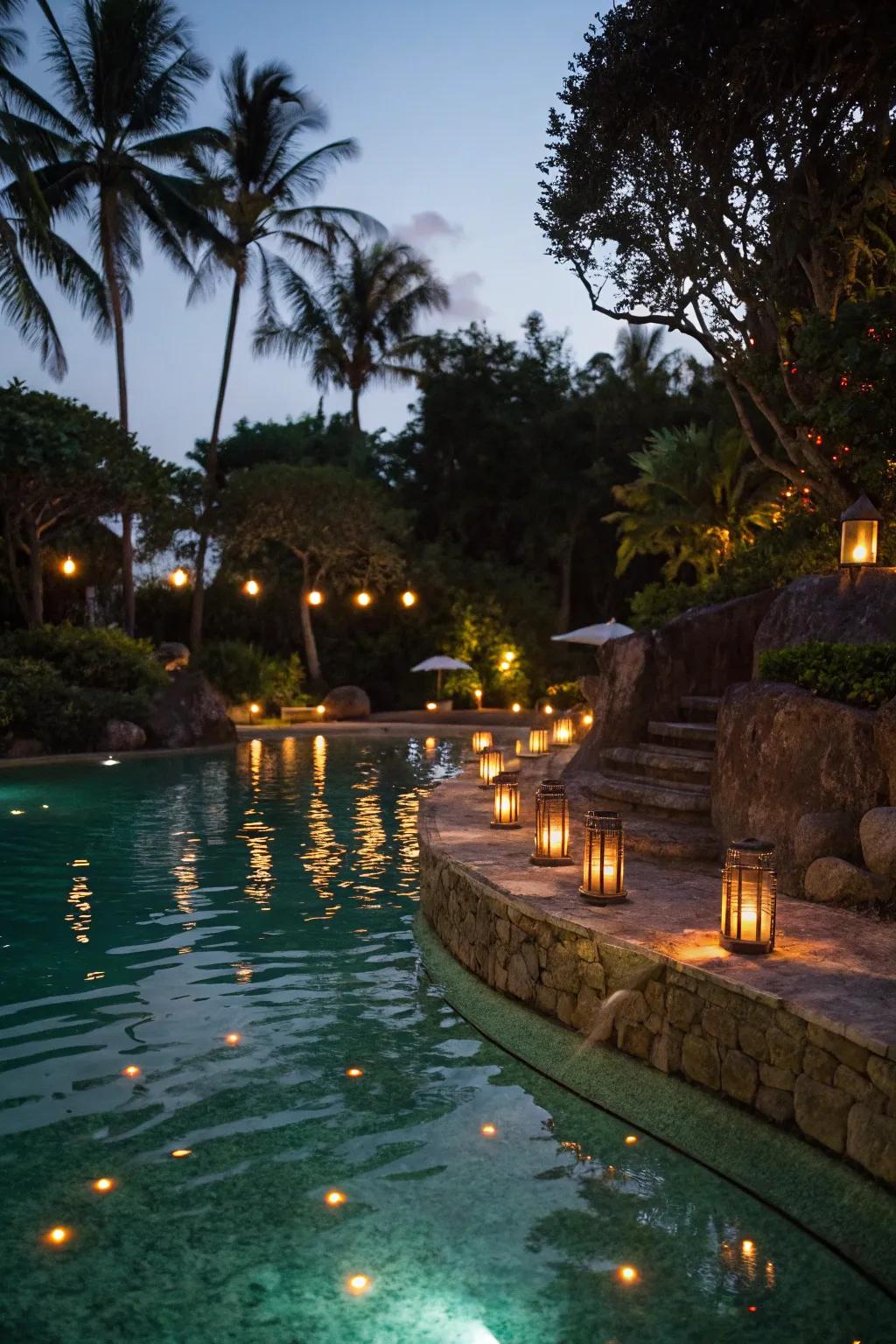 Soft lighting turns lagoon pools into captivating nightscapes.
