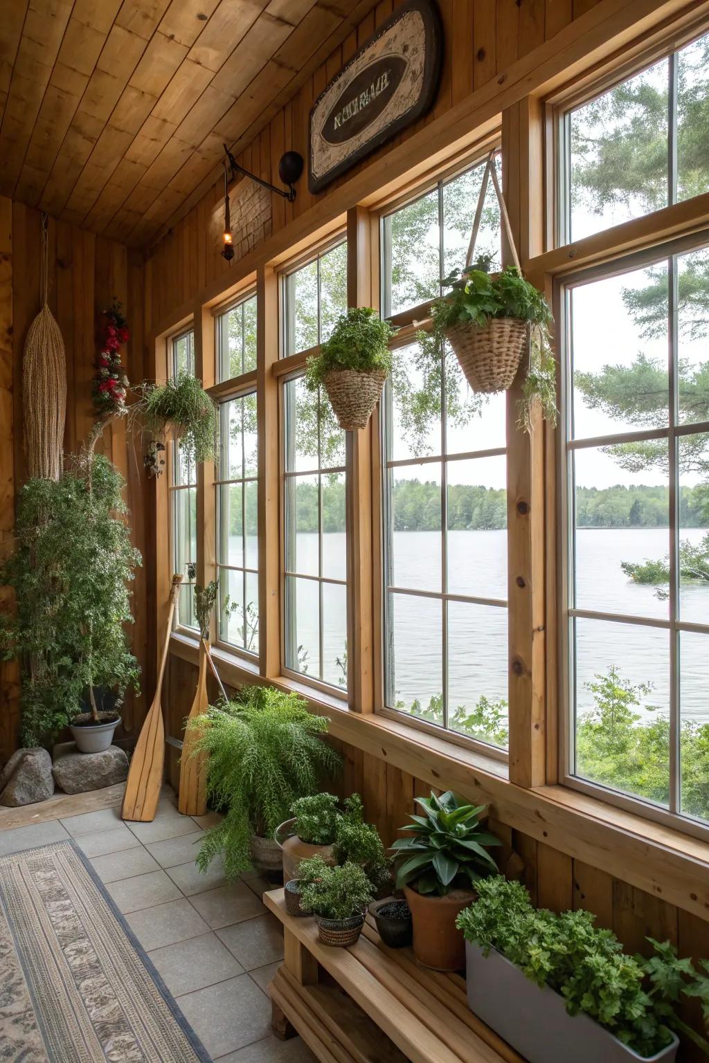 Nature-themed decor merges the outdoors with the indoors.