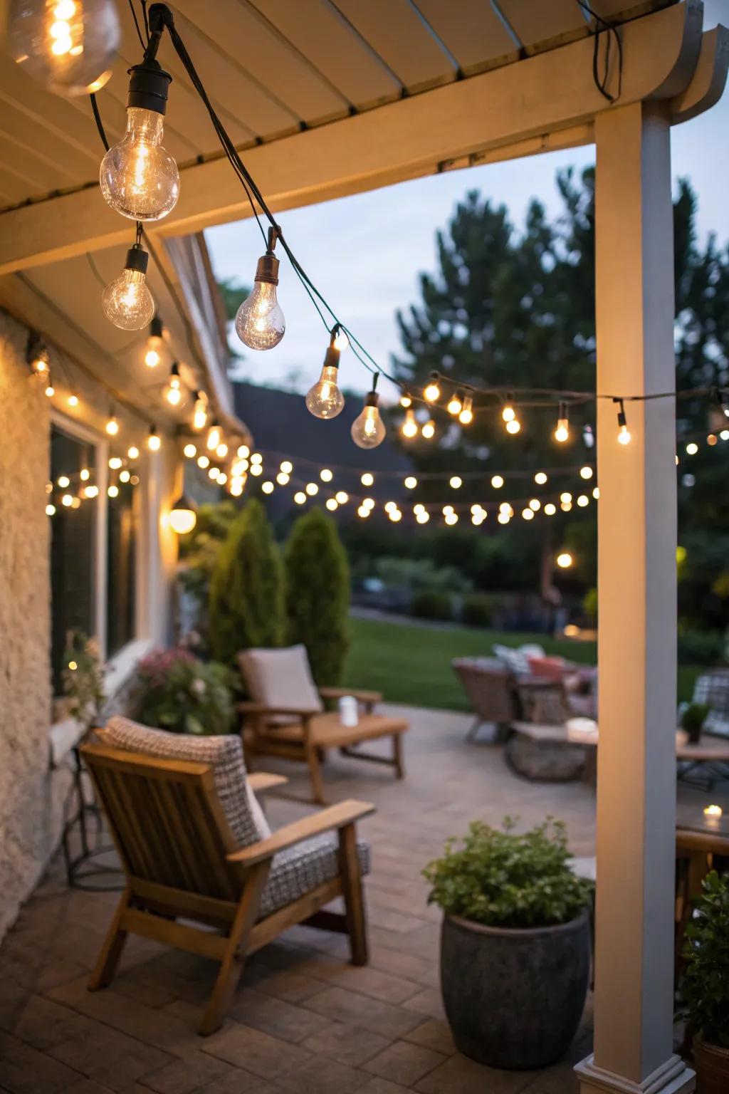 String lights creating an inviting and magical atmosphere in outdoor settings.