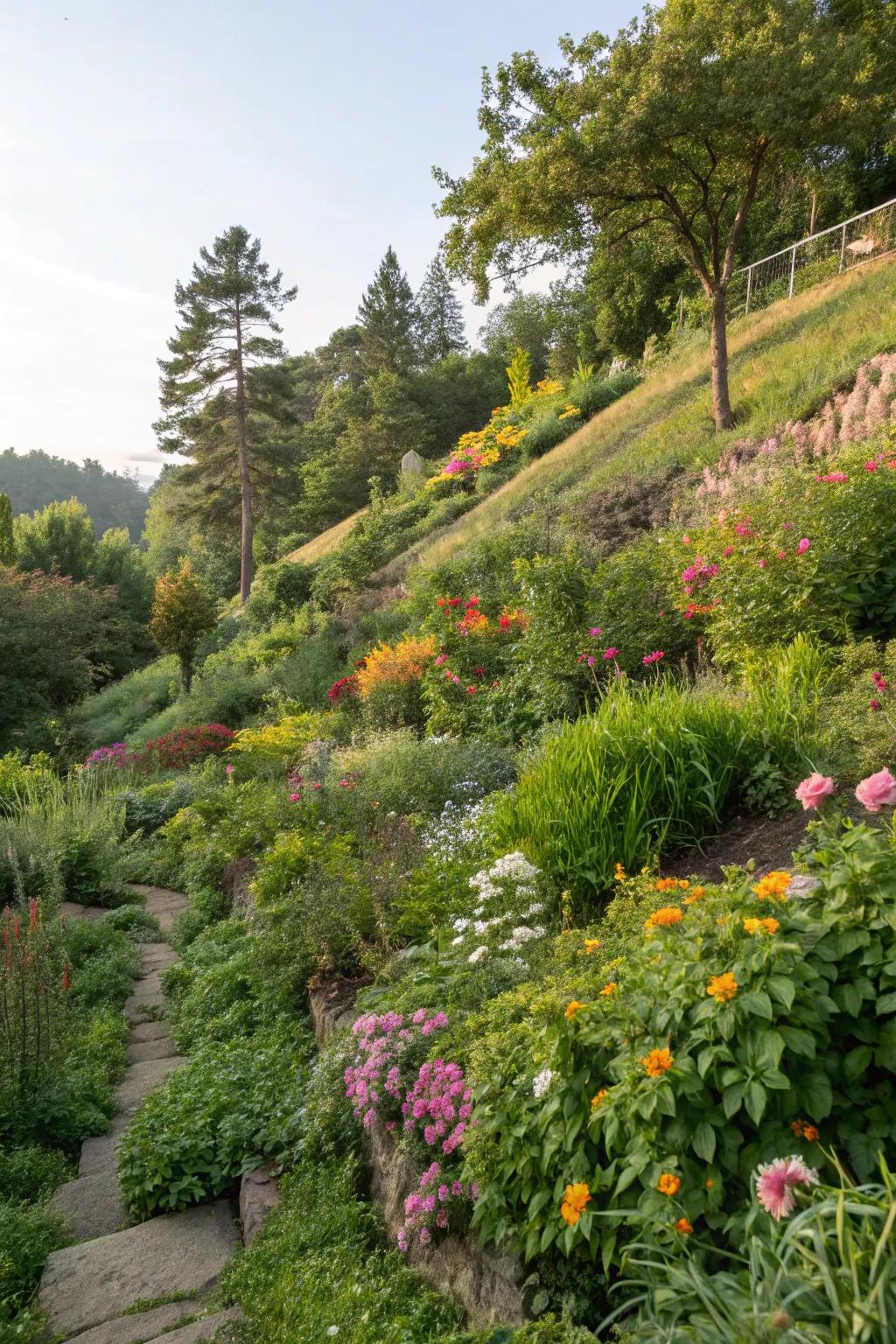 Rich plantings add color and surface variation to sloping gardens.