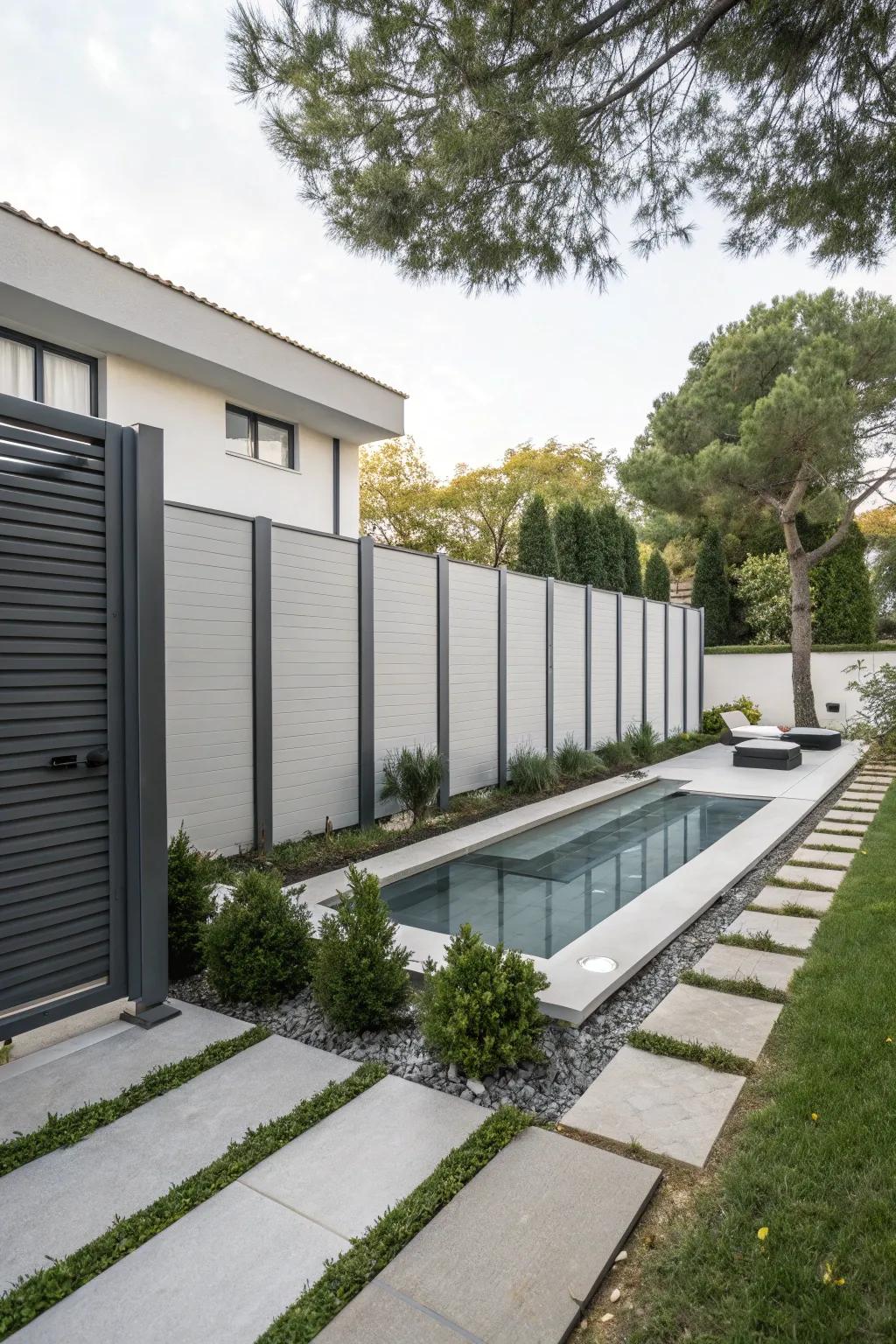Modern screens offer a chic and contemporary way to conceal pool equipment.