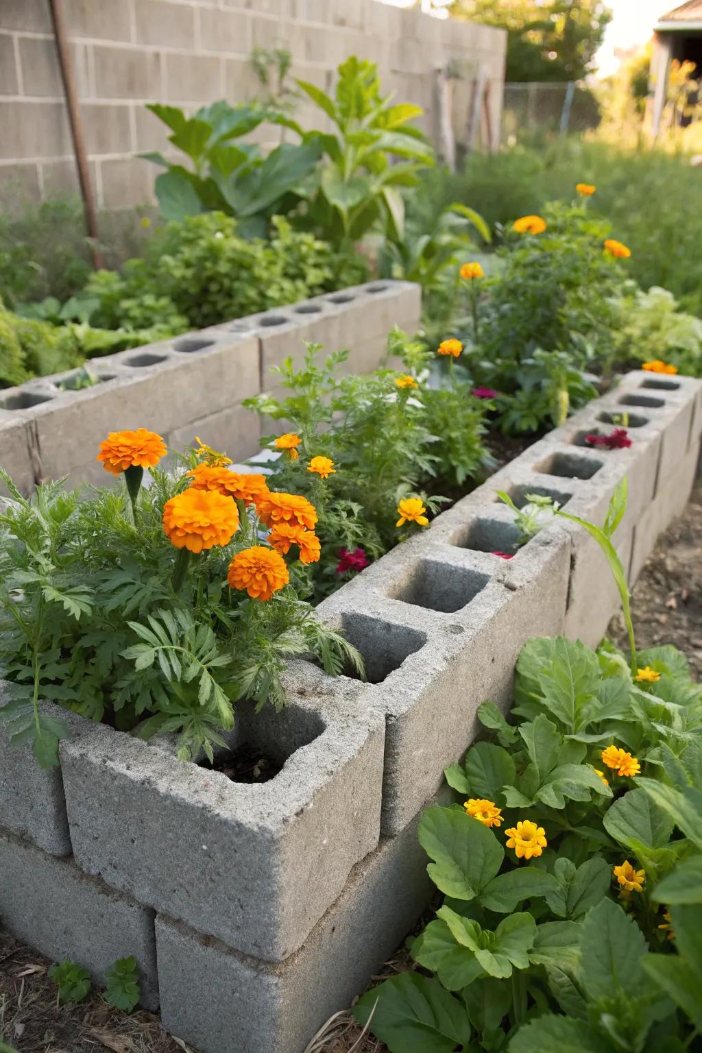 Open concrete blocks offer both function and decorative options for raised garden beds.