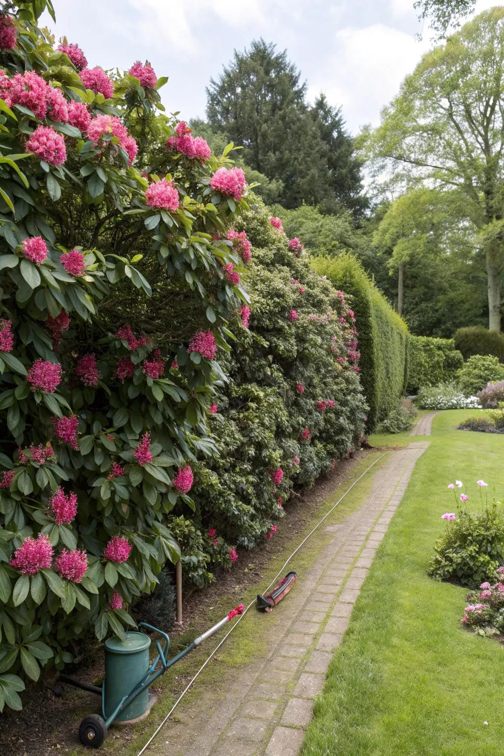 An abundant rhododendron barrier offering garden seclusion.
