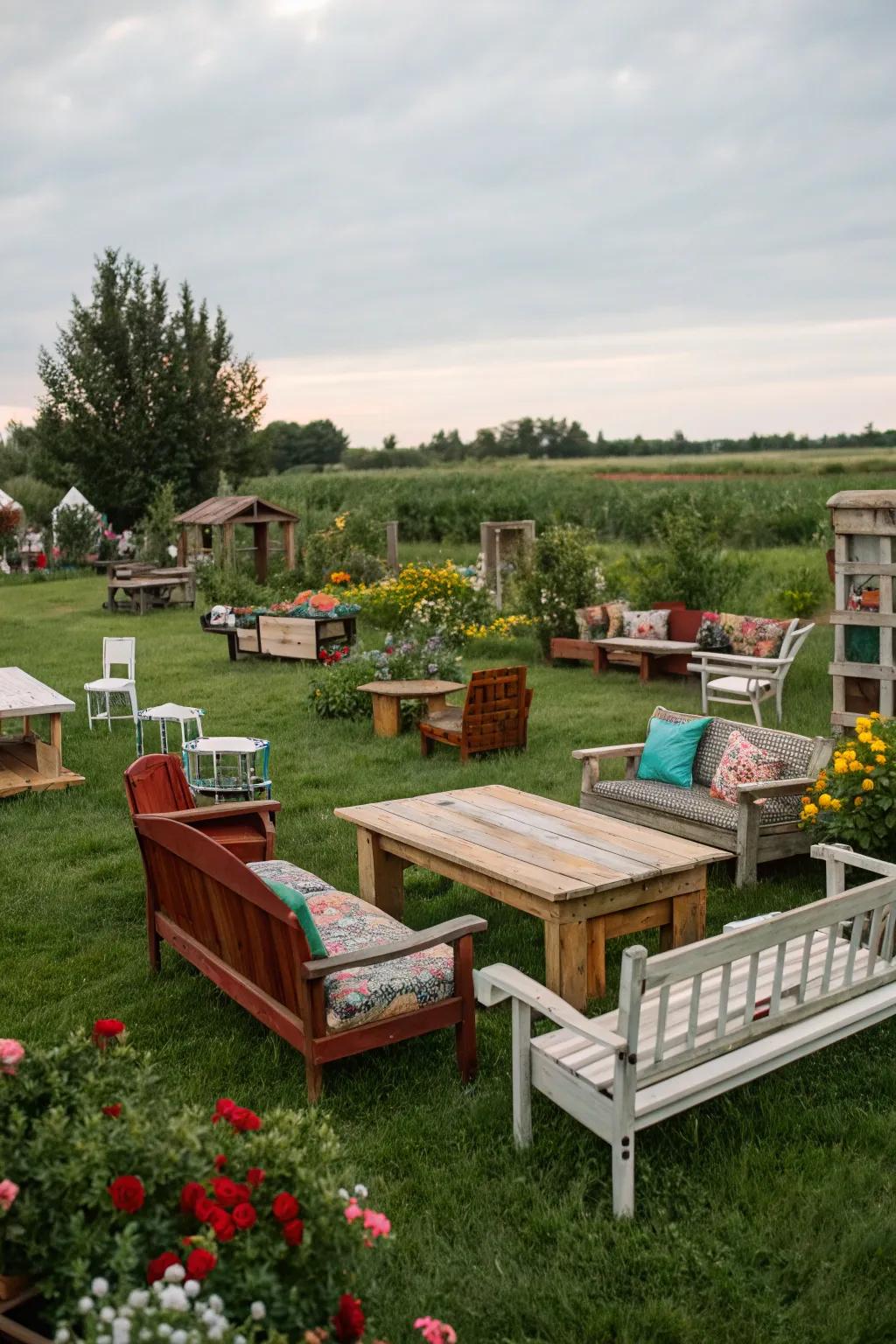 Upcycled furniture provides a distinctive touch to your outdoor space.