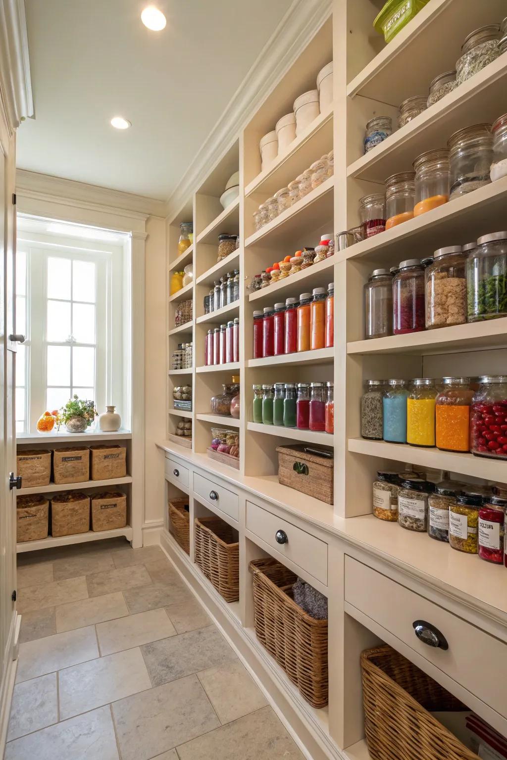 A well-organized walk-in pantry, excellent for maintaining a tidy large kitchen.