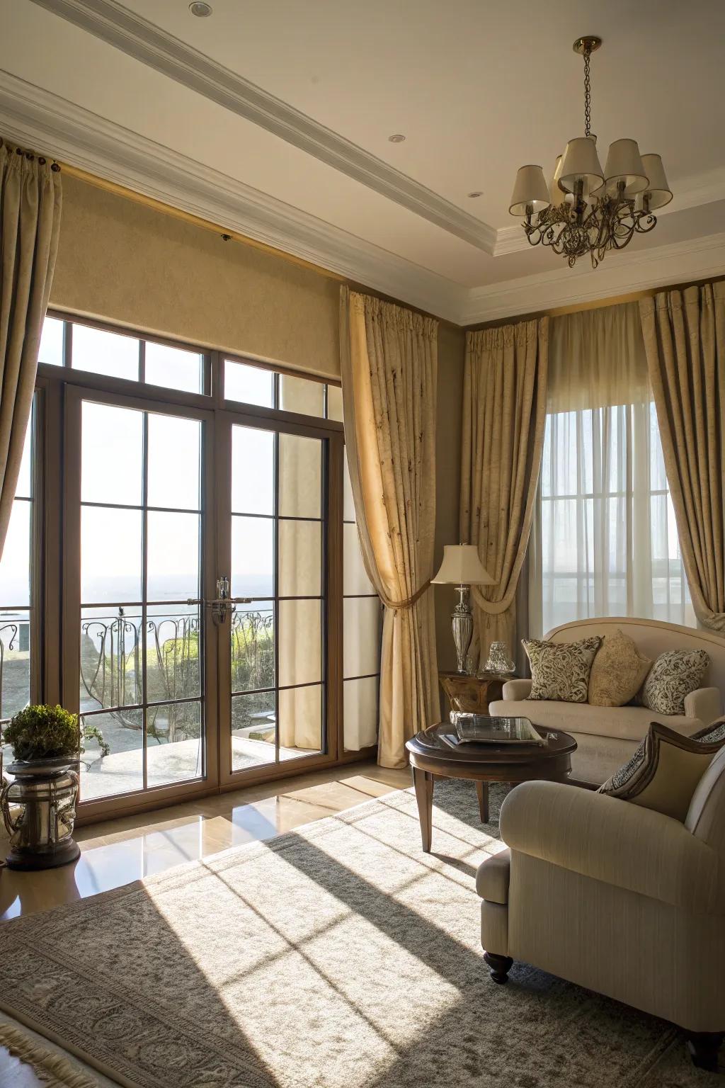 Lateral drapes that gracefully manage light and privacy in a radiant living room.