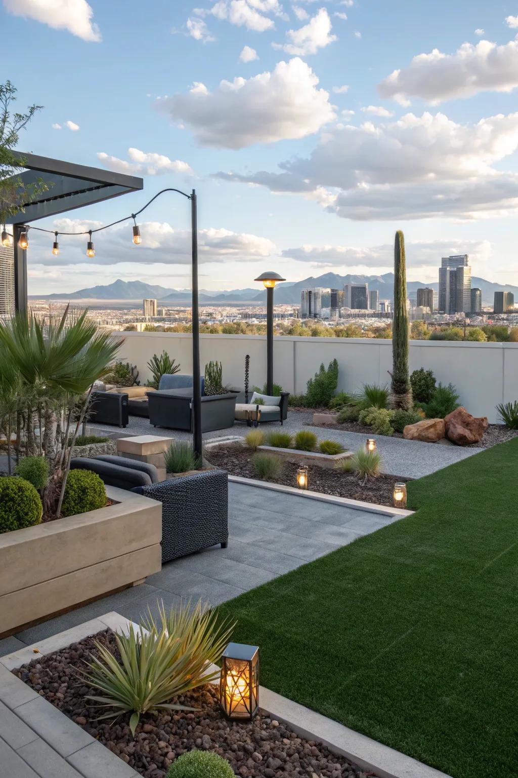 Green artificial turf set against a desert landscape in a Las Vegas backyard.