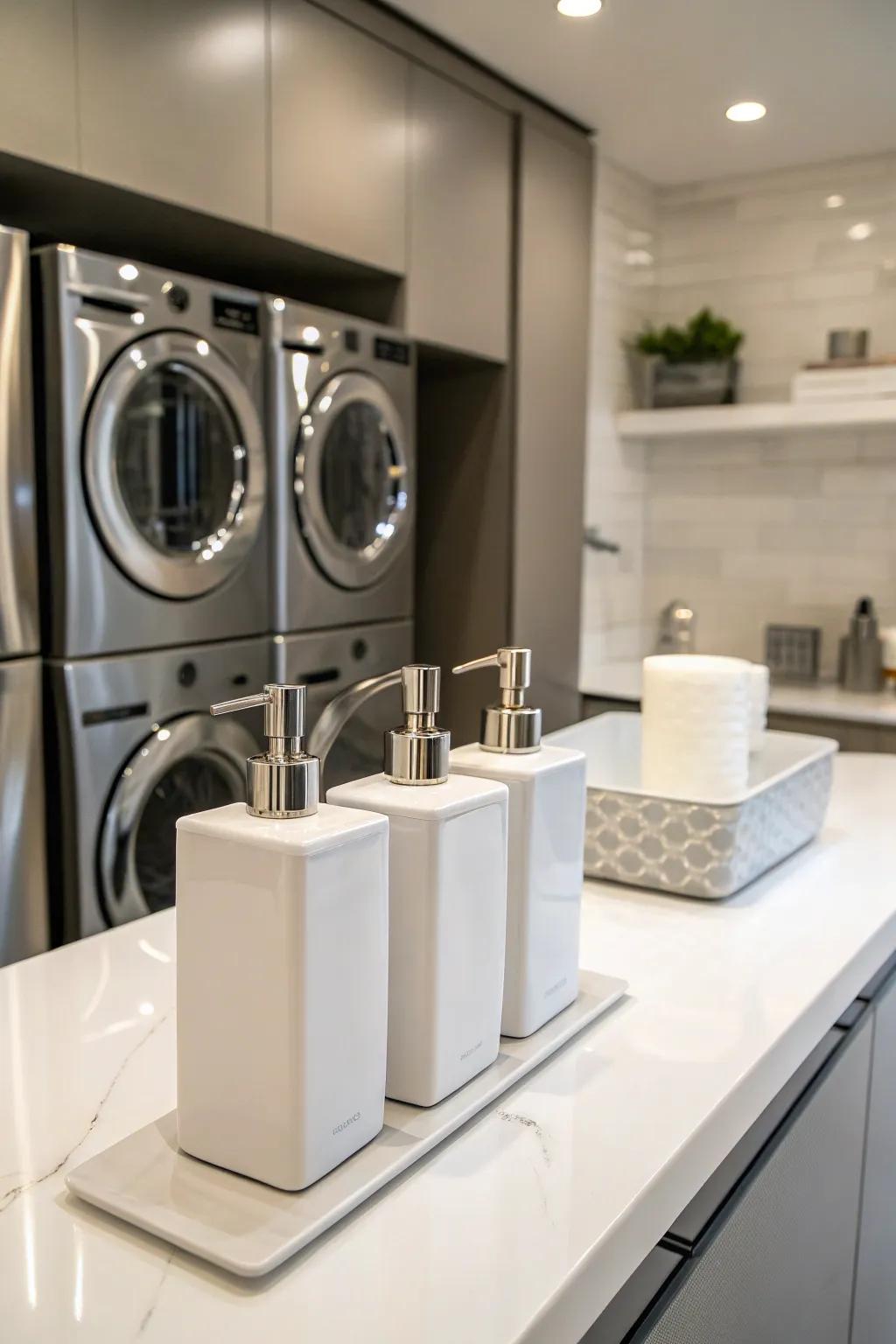 Simple dispensers harmonize with contemporary laundry areas.