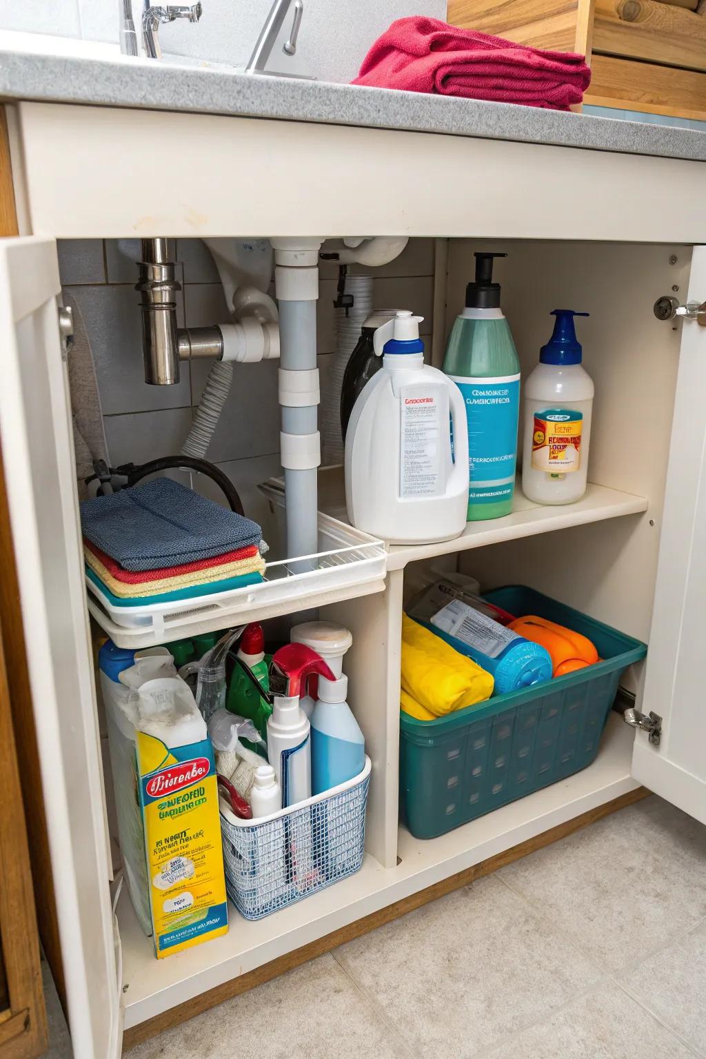 Make use of the under-sink area for concealed storage.